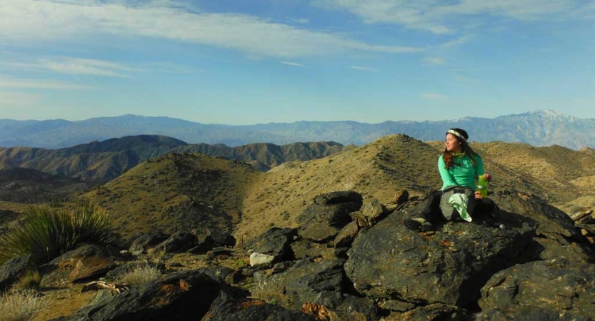 A person sits on a rock in an alpine environment under blue skies.